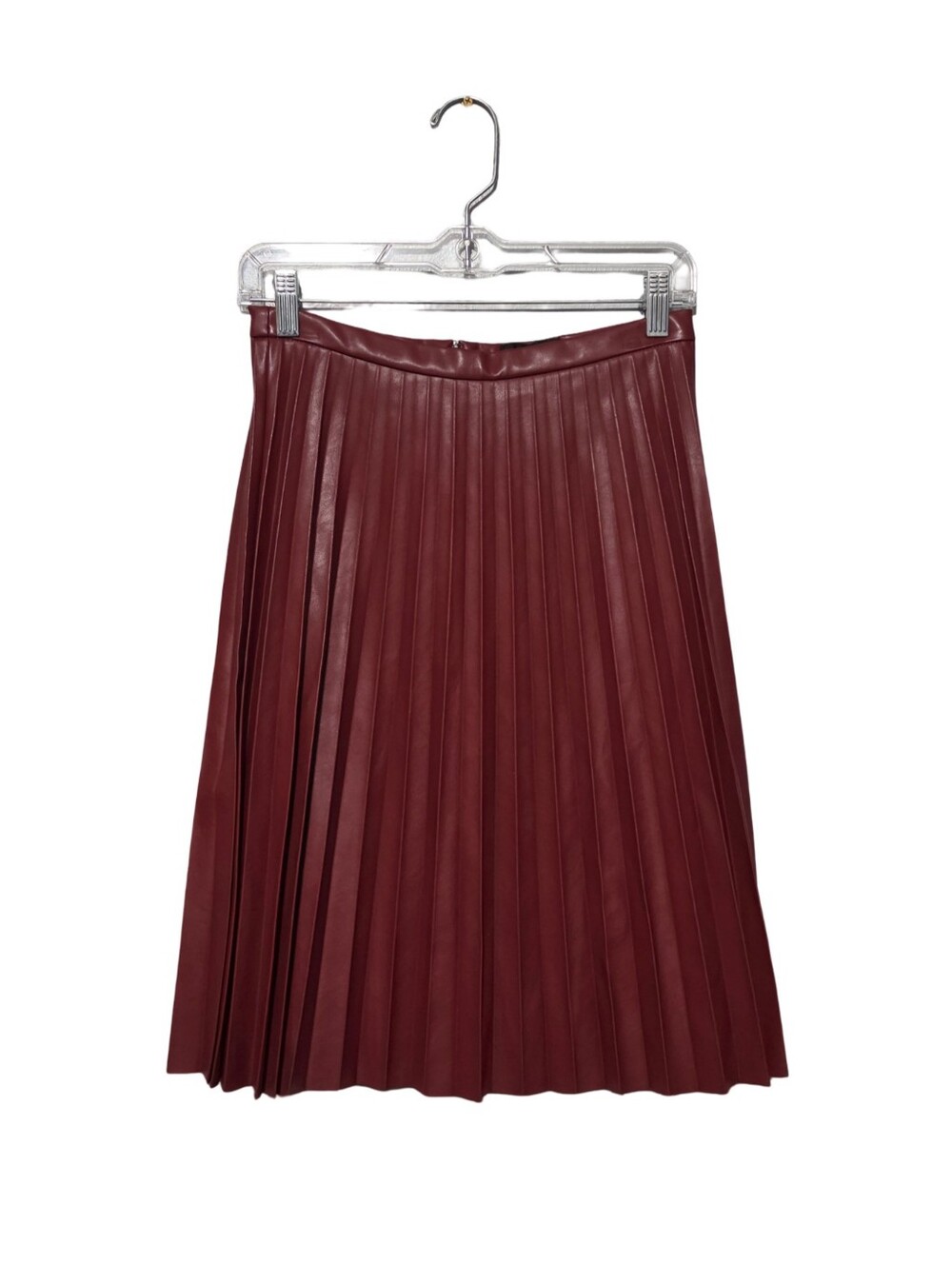 J.CREW Midi Skirt Womens Petite Size 0 Burgundy Faux Leather Pleated Academia